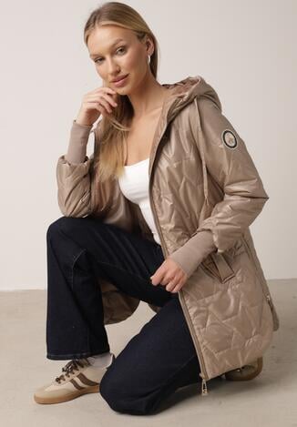 Brązowa Pikowana Kurtka Przejściowa z Kapturem i Bocznymi Suwakami Mado