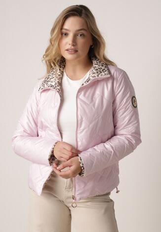 Różowa Dwustronna Kurtka Pikowana Ozdobiona Naszywką i Panterką Nemopis