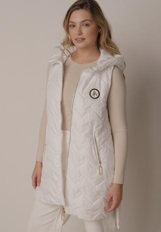 Biała Przejściowa Kamizelka Pikowana o Długim Kroju z Kapturem i Naszywką Harmaste