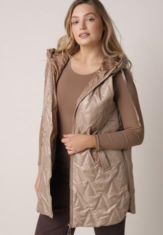 Brązowa Pikowana Kamizelka o Długim Kroju z Nieodpinanym Kapturem w Romby Dephice