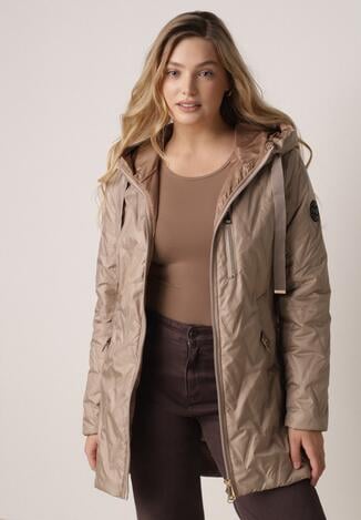 Brązowa Pikowana Kurtka Przejściowa Parka z Kapturem o Długim Kroju z Ozdobą Isaline