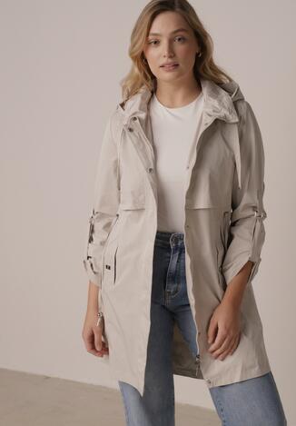Beżowa Kurtka w Stylu Parki z Odpinanym Kapturem i Sznurkami Enang