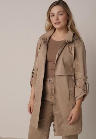 Brązowa Kurtka w Stylu Parki z Odpinanym Kapturem i Sznurkami Enang