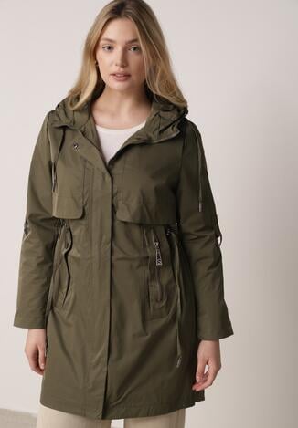 Zielona Przejściowa Kurtka Parka z Kapturem i Podwijanymi Rękawami Tinarose