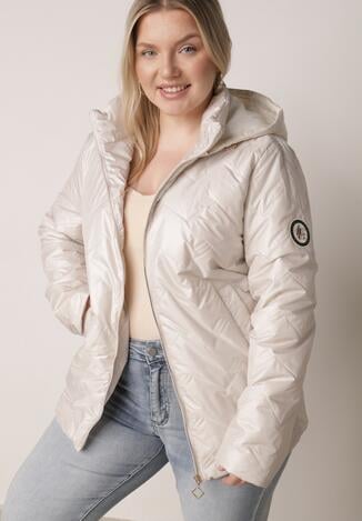 Jasnoszara Pikowana Kurtka Przejściowa o Prostym Kroju z Kapturem Vimoris