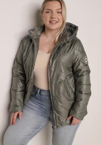 Zielona Pikowana Kurtka Przejściowa o Prostym Kroju z Kapturem Vimoris