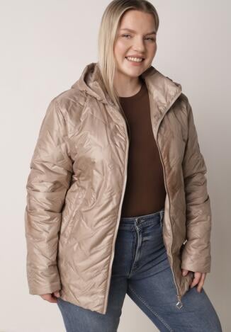 Ciemnobeżowa Pikowana Kurtka Przejściowa o Prostym Kroju z Kapturem Vimoris