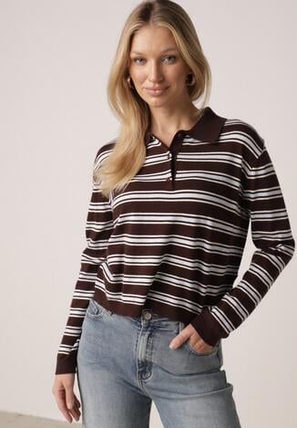 Brązowy Sweter w Paski z Kołnierzykiem z Wiskozą Minkalia