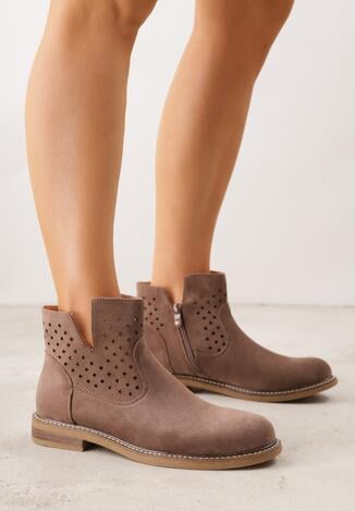 Jasnobrązowe Płaskie Botki Sztyblety z Ażurowym Wzorem ze Skórzaną Wkładką Terisina