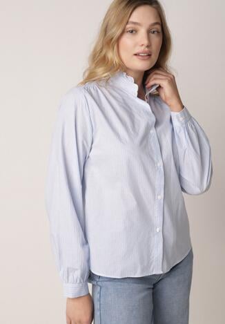 Niebieska Bawełniana Koszula ze Stójką z Falbanką i Haftem przy Guzikach Umaria