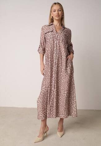 Beżowa Sukienka Koszulowa z Wiskozą w Zwierzęcy Wzór Żyrafy Nevetalia