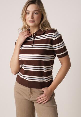 Brązowy T-shirt Typu Polo z Wiskozą Ozdobiony Guzikami i Paskami Esefia