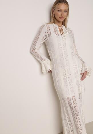 Beżowa Koronkowa Sukienka o Taliowanym Kroju z Wiązaniem przy Dekolcie Nevellirae