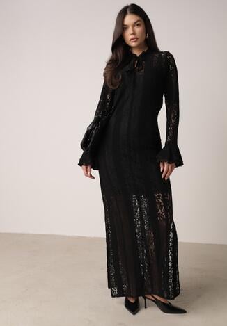 Czarna Koronkowa Sukienka o Taliowanym Kroju z Wiązaniem przy Dekolcie Nevellirae