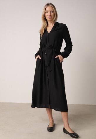 Czarna Sukienka Koszulowa z Wiskozą z Wiązanym Paskiem Lustilla