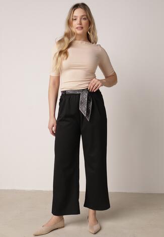 Czarne Eleganckie Spodnie z Bawełny i Wiskozy z Materiałowym Paskiem-Apaszką Vetina