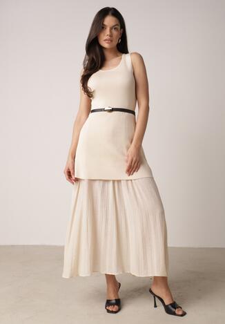 Beżowa Dwuwarstwowa Sukienka Dzianinowa z Wiskozą i Paskiem z Klamrą Arkesia