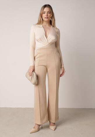 Beżowe Eleganckie Spodnie z Bawełny i Wiskozy w Kant Valelia