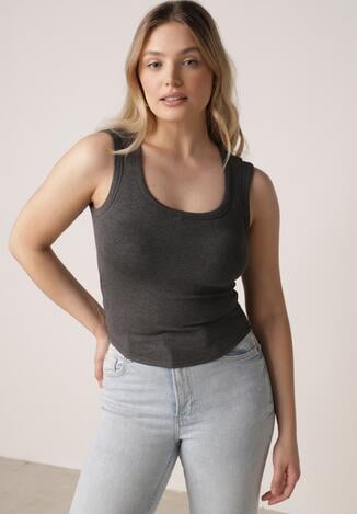 Szary Dopasowany Top Bez Rękawów z Wiskozy z Kwadratowym Dekoltem Madu