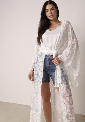 Biały Kardigan Ażurowa Narzutka z Materiałowym Paskiem Arisstea