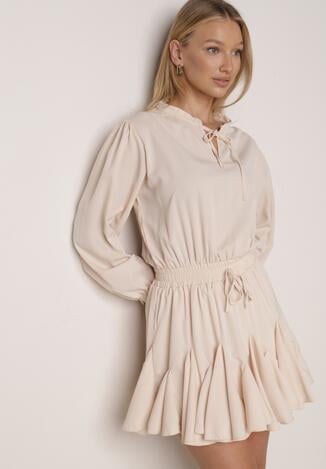 Beżowa Rozkloszowana Sukienka z Wiskozą Zdobiona Falbanami i Wiązaniem Lerienatia
