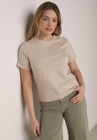 Beżowy Bawełniany T-shirt w Klasycznym Stylu Hetita