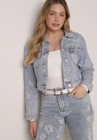 Niebieska Krótka Kurtka Jeansowa z Bawełną i Wiskozą w Kwiatowy Wzór Neanelith