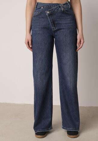 Niebieskie Bawełniane Jeansy o Szerokim Kroju z Asymetrycznym Zapięciem Fezitera