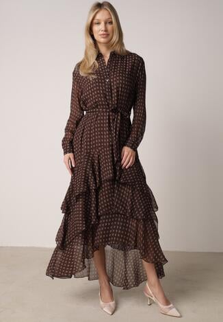 Brązowa Koszulowa Sukienka z Dłuższym Tyłem i Falbanami Savandra