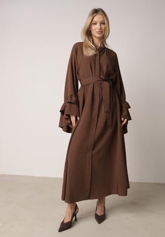 Brązowa Wiskozowa Sukienka Koszulowa z Falbanami przy Rękawach i Paskiem Dinirae