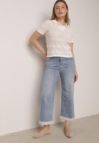 Niebieskie Szerokie Jeansy Ozdobione na Dole Koronką Salioneth