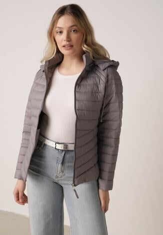 Szara Klasyczna Kurtka Przejściowa z Pikowaniem i Odpinanym Kapturem Pretiella