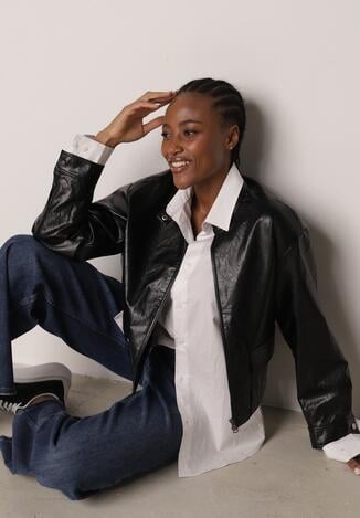 Czarna Kurtka Ramoneska Bomberka Ściągana po Bokach Salanthe