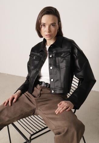 Czarna Kurtka Ramoneska o Krótkim Koszulowym Kroju Savalorne