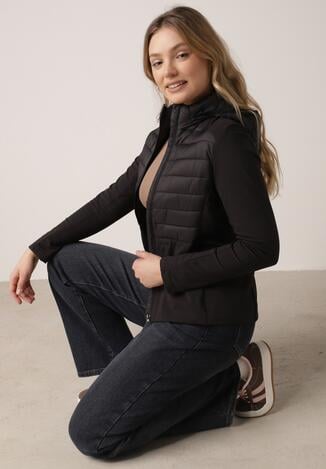 Czarna Pikowana Kurtka Przejściowa z Kapturem i Elastycznymi Rękawami Nikitha