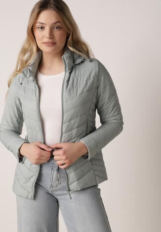 Jasnozielona Przejściowa Kurtka Pikowana z Odpinanym Kapturem Edrelith