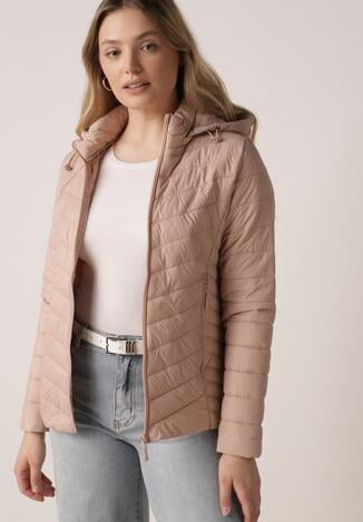 Beżowa Przejściowa Kurtka Pikowana z Odpinanym Kapturem Edrelith