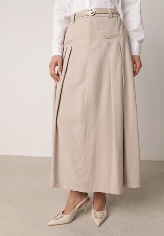 Beżowa Wiskozowa Spódnica o Rozkloszowanym Kroju z Plisami i Paskiem Rolea