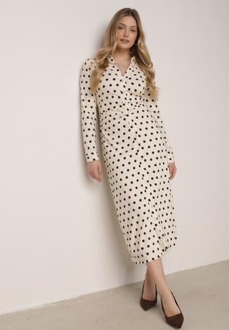 Beżowy Wiskozowa Sukienka Koszulowa z Domieszką Lnu z Marszczeniem Besirra