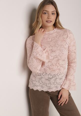 Różowa Koronkowa Bluzka z Falbanką i Rozszerzanymi Rękawami Nelaetia