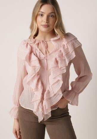 Różowa Bluzka z Lyocellem Ozdobiona Falbanami i Wiązaniem Esathra