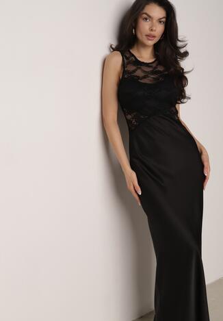 Czarna Koktajlowa Sukienka o Dopasowanym Kroju z Koronką Bermine