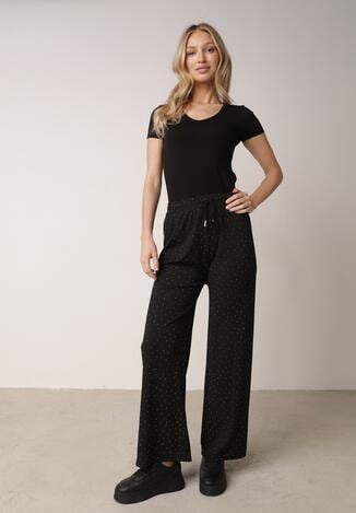 Czarne Szerokie Spodnie z Bawełną Zdobione Cyrkoniami Azilene