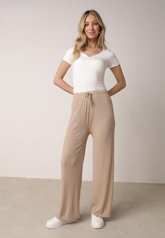 Beżowe Szerokie Spodnie z Bawełną Zdobione Cyrkoniami Azilene