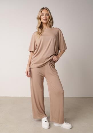 Beżowy Komplet Oversize z Cyrkoniami T-shirt i Spodnie Arnatea