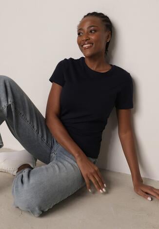 Granatowy Bawełniany T-shirt w Klasycznym Stylu Nedila