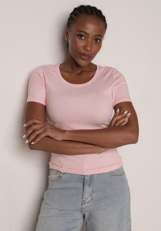 Różowy Prążkowany T-shirt Ozdobiony po Bokach Marszczeniem Nedisa
