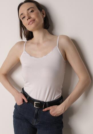 Biały Bieliźniany Top z Bawełny Ozdobiony Koronkową Lamówką Bervina