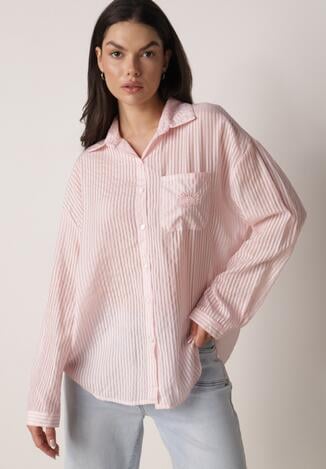 Różowa Koszula o Kroju Oversize z Tencelu w Paski Ozdobiona Haftem Tidine