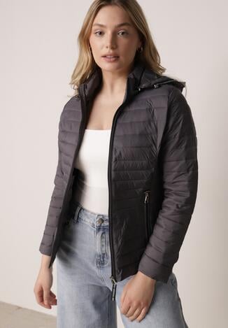 Szara Pikowana Kurtka Przejściowa z Kapturem z Lamówką i Ściągaczami Zidara
